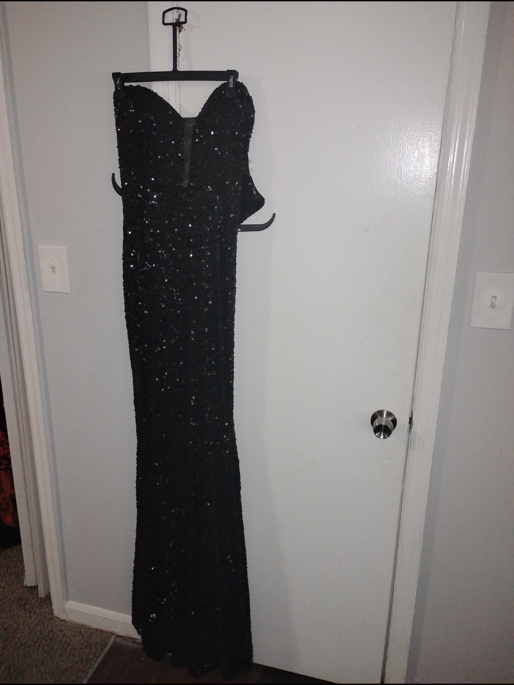 Black Sequin Strapless Evening Gown
